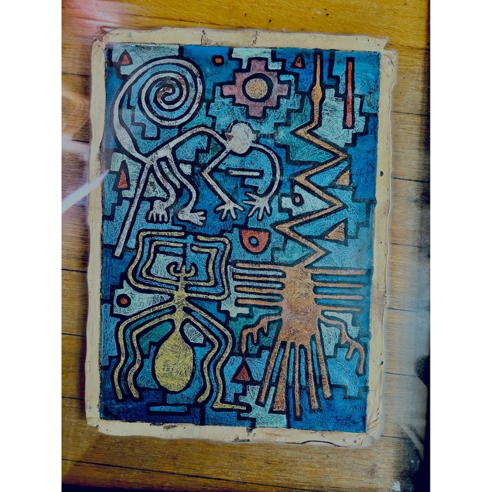 Peruvian Leather Folk Art Framed Paracas Nazca Style Cusco Painting 21x17 - Picture 17 of 17